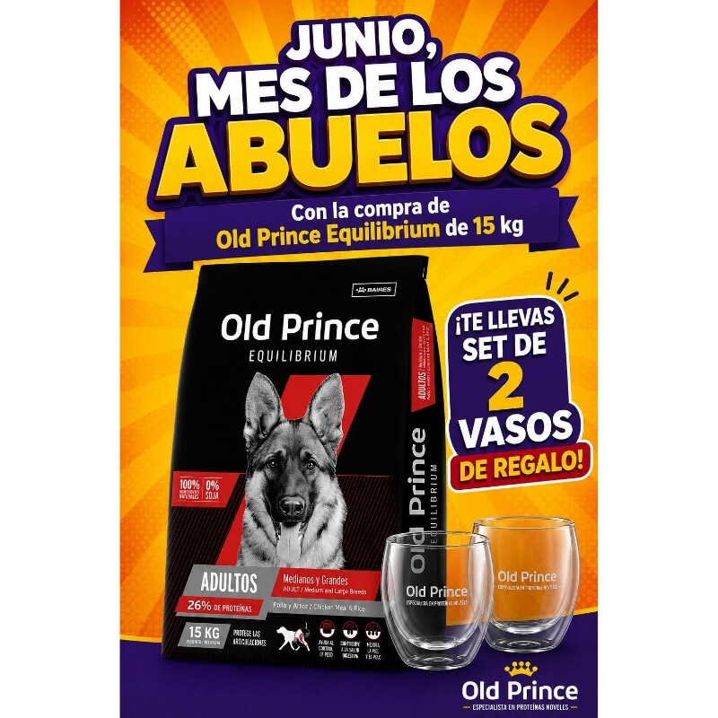 PROMO Old Prince Equilibrium Adulto Razas Medianas y Grandes 15 kgs + Set de Vasos de Obsequio! PROMO Old Prince Equilibrium Adulto Razas Medianas y Grandes 15 kgs + Set de Vasos de Obsequio!