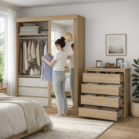 Combo Dormitorio Premium: Ropero Bagdá 100% MDF con Espejo y Cómoda Carla – Castaño Combo Dormitorio Premium: Ropero Bagdá 100% MDF con Espejo y Cómoda Carla – Castaño