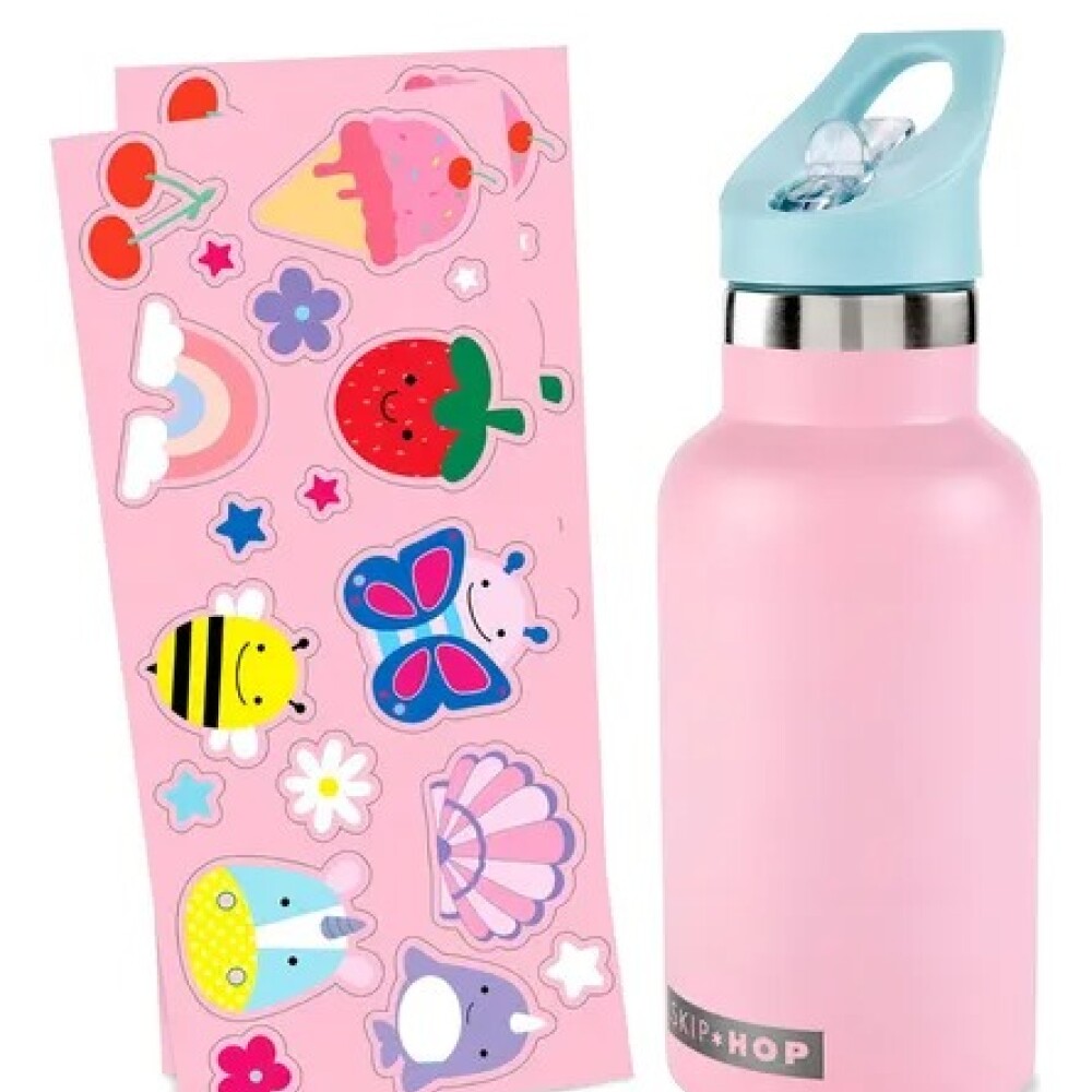 Botella acero inoxidable con sorbito y stickers skip hop rosado