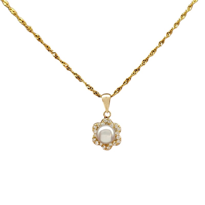 Dije Flor-Oro bajo-Con Perla y Piedra Zirconia-CP8535 Conperla