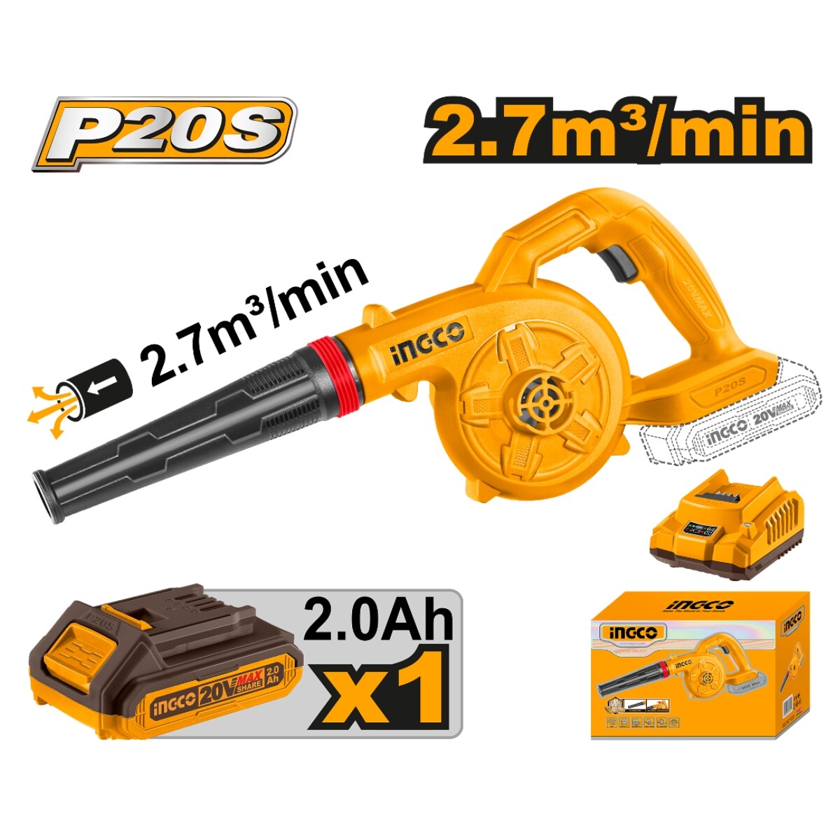 Sopladora 20V Bateria P20S 2.7M3/MIN C Bat y Carg Ingco 