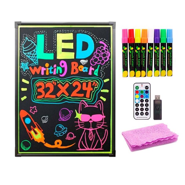 Cartel Pizarra LED 40x30cm Luces Colores + Marcadores Neón Color Negro