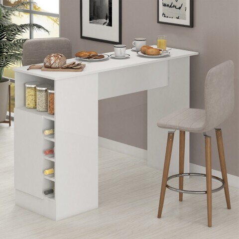 Mueble Barra Desayunador con Estantería y Vinera - MDP Blanco