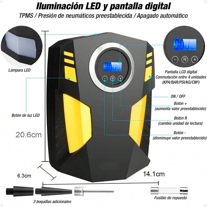 Compresor Inflador Eléctrico de Llantas para Auto con LCD Bomba de Aire Compresor Inflador Eléctrico de Llantas para Auto con LCD Bomba de Aire