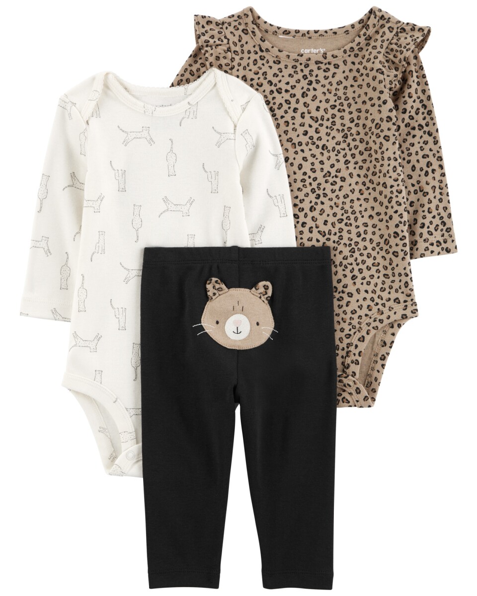 Set tres piezas de algodón, pantalón y dos bodies, diseño leopardo 