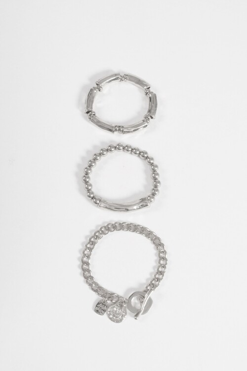 Set de 3 pulseras de cuentas plateado