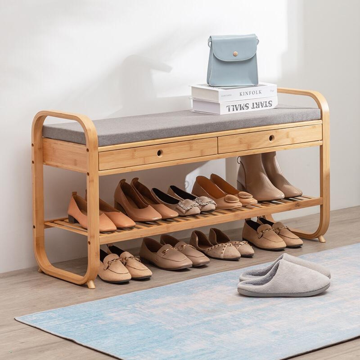 Taburete Zapatera Curvo Bambú Alto 50cm x Largo 105cm x Ancho 40cm 