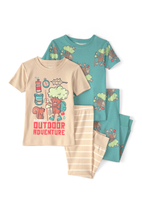 Pijama cuatro piezas de algodón, diseño árboles. Talles 2-5T Sin color