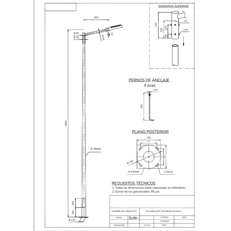 POLE6 Columna 6mt con Brazo Gris