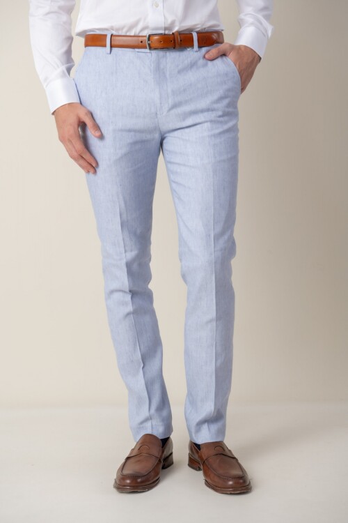 Pantalón Herringbone de lino Celeste