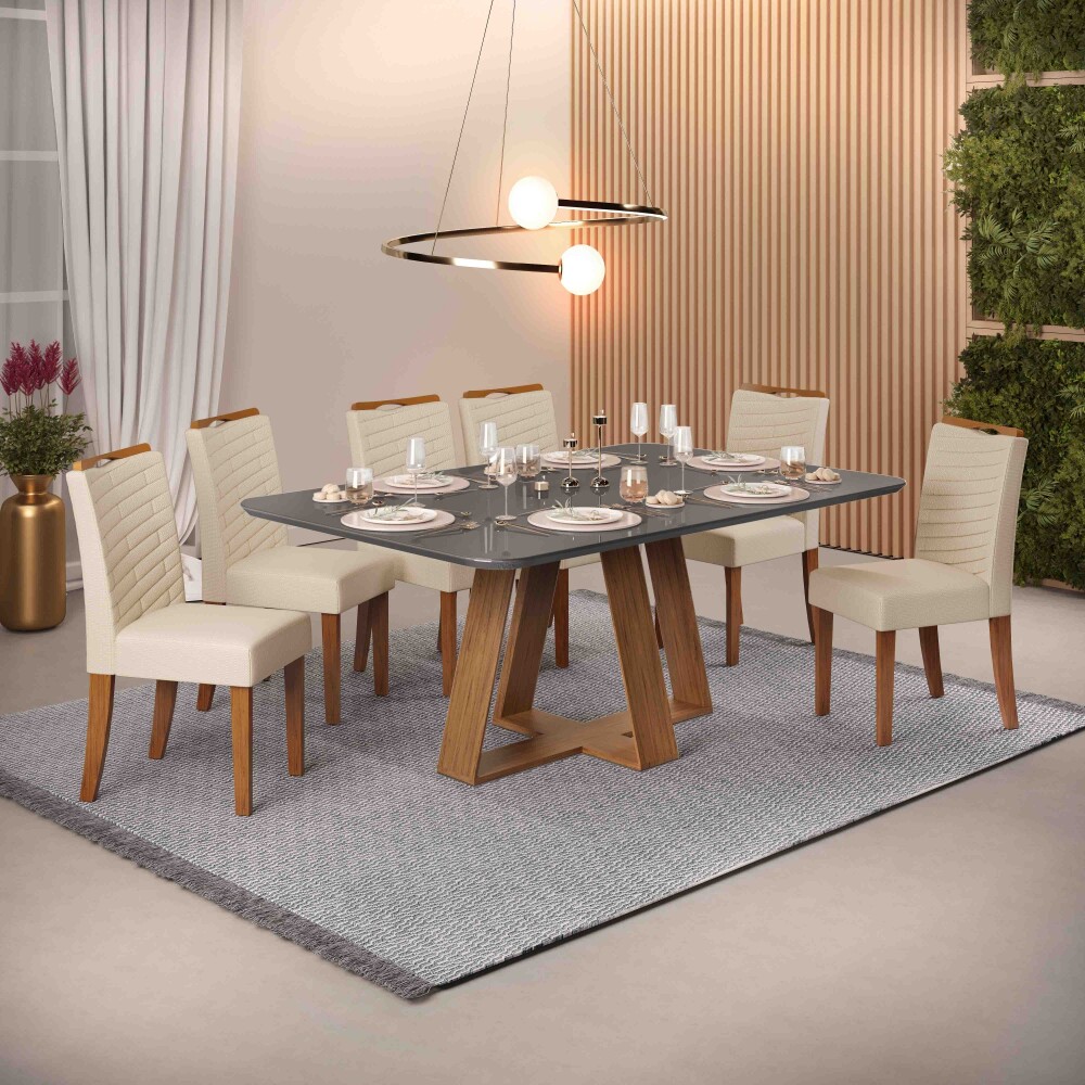 Juego de Comedor Celeste - 6 Sillas Beige - Mesa Gris Juego de Comedor Celeste - 6 Sillas Beige - Mesa Gris