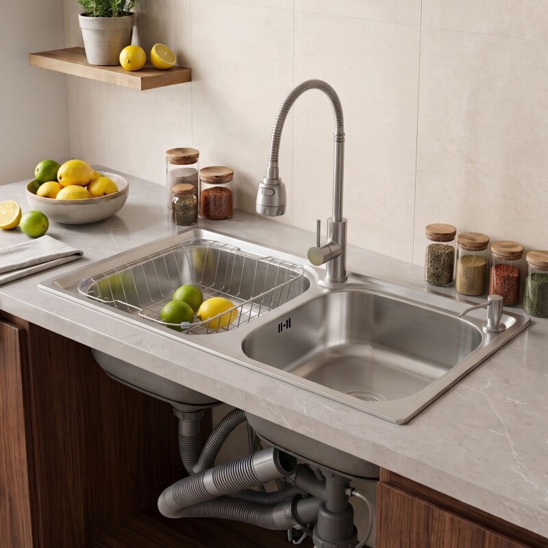 Pileta de cocina Lumax Acero Doble Canilla flexible 78x42 cm Plata