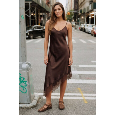 Vestido Midi Satinado Con Encaje Chocolate