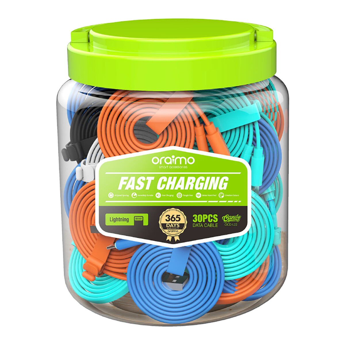 Oraimo - Cable de Datos Lightning Candy OCD-L22 Pack X 30 - Carga 2,1A. 1M. 