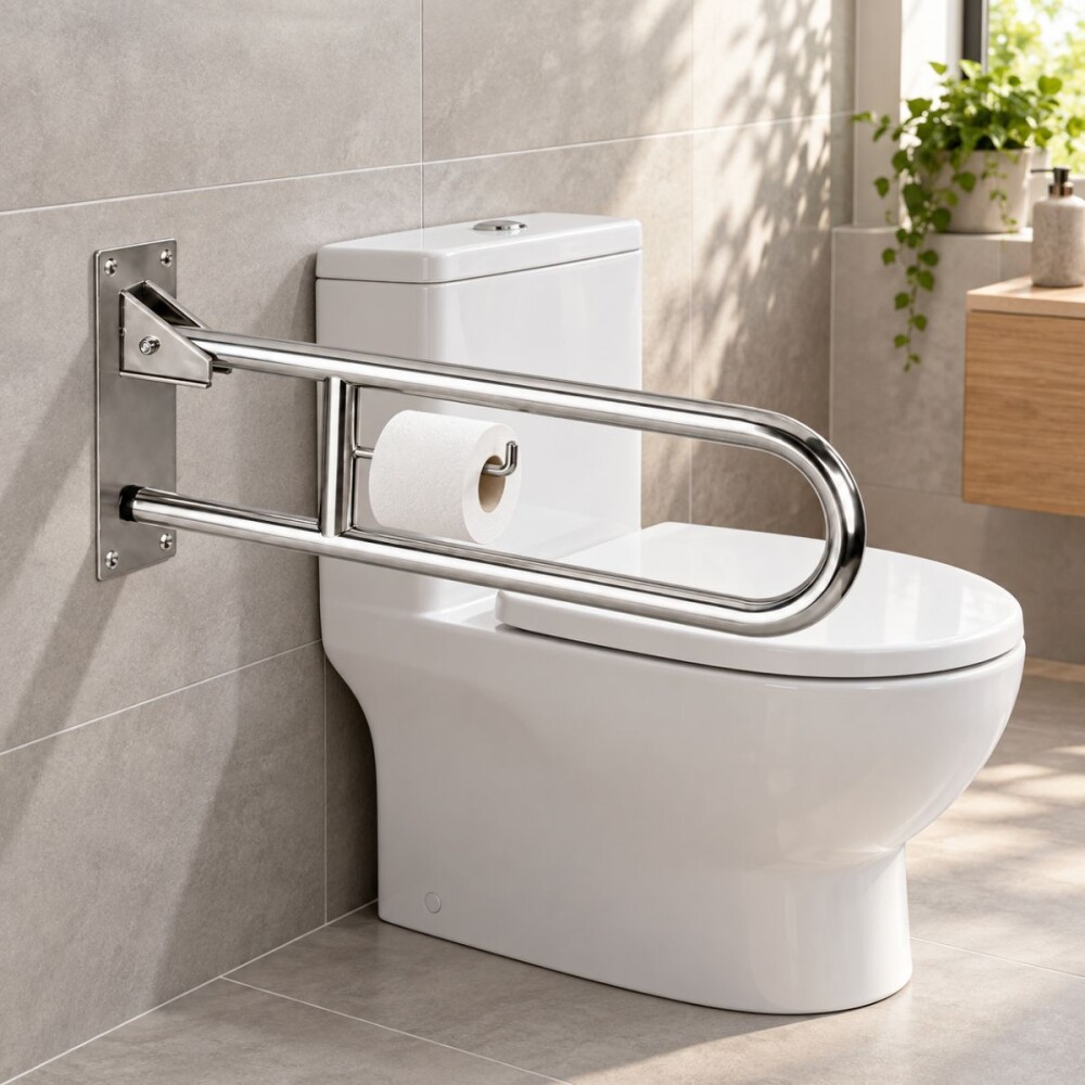 Barra doble rebatible 60cm acero inox con portarrollo Barra Doble Rebatible 60cm Acero Inox Con Portarrollo