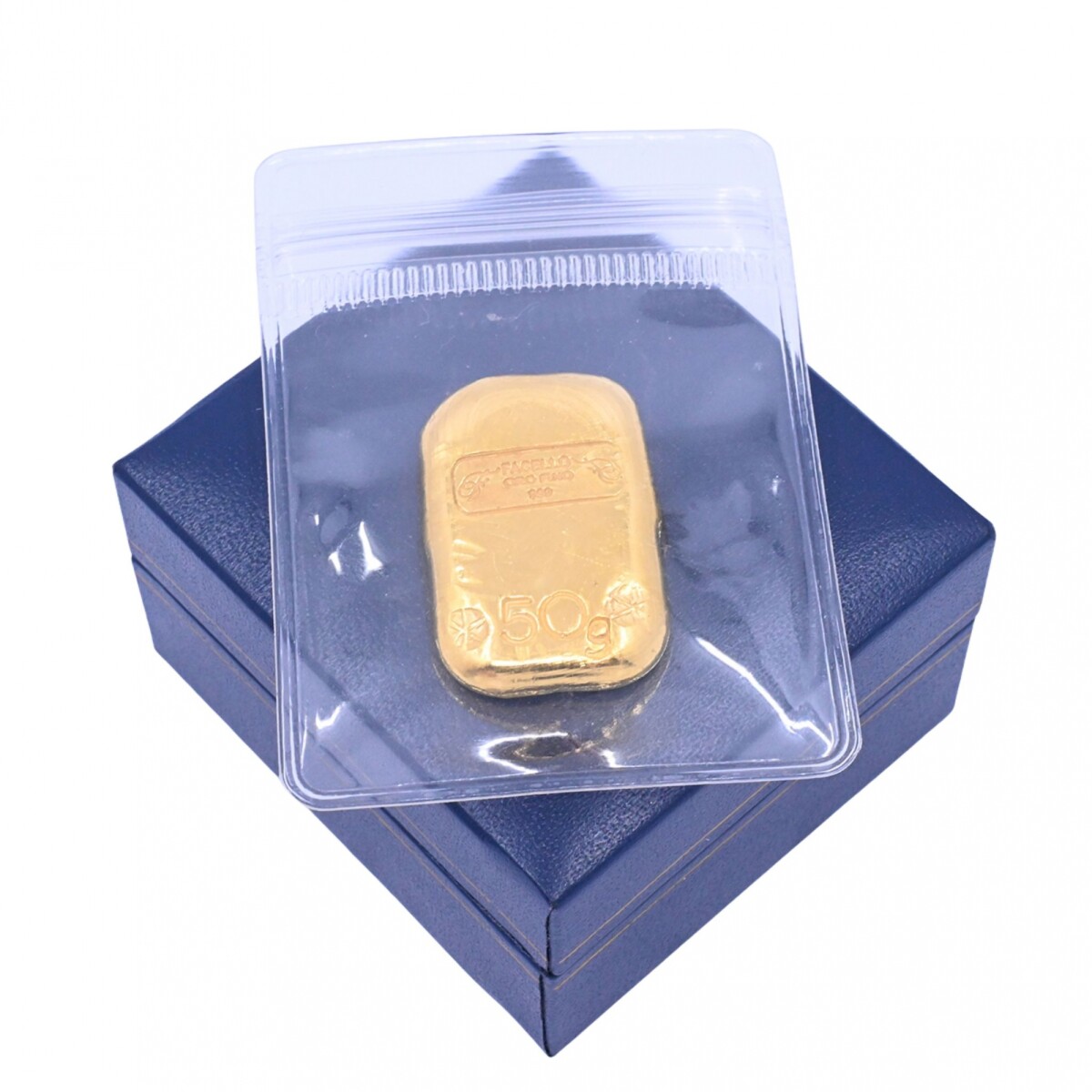 Lingote 50 gr de oro fino 999. Sellado Joyería Facello 