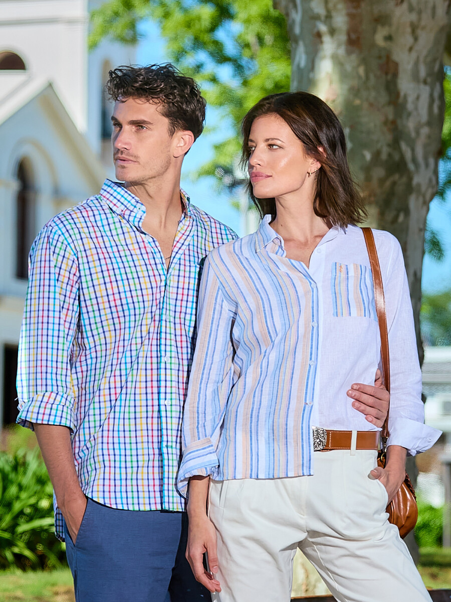 Camisa Suspiro en Lino Combinada - Rayas de Colores con Blanco 