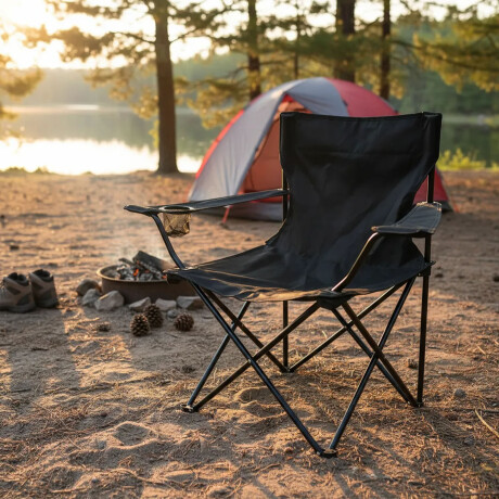 Silla Plegable C/Portavaso, Apoyabrazos Bolso Liviana 90 Kg Negro