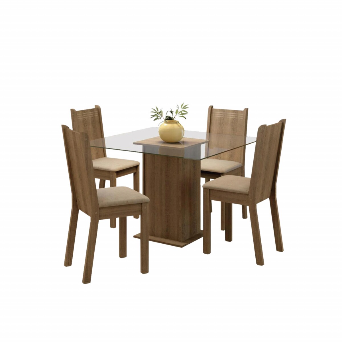 Juego de comedor con mesa de vidrio y 4 sillas rústicas 