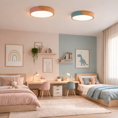 Plafón Led circular en madera y aluminio 30cm Celeste agua