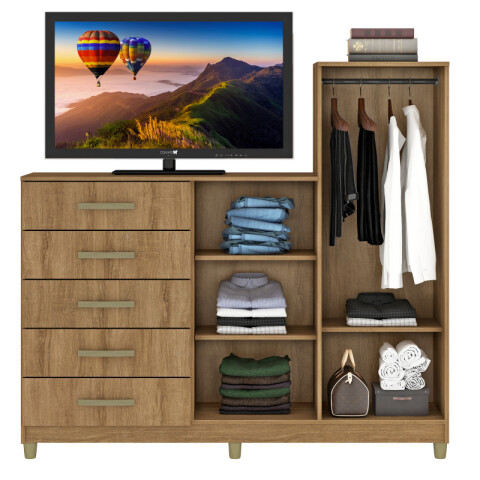 Comoda Cajonera Rack TV 46" de 5 cajones 2 puertas 1 perchero y 3 estantes internos para Dormitorio o Living - FE - Miel Comoda Cajonera Rack TV 46" de 5 cajones 2 puertas 1 perchero y 3 estantes internos para Dormitorio o Living - FE - Miel