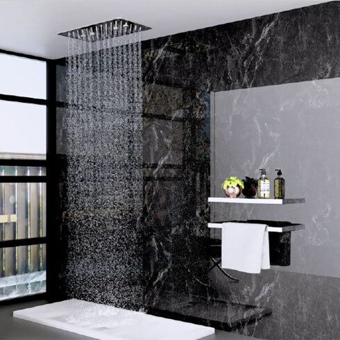 GRIFERIA ROSETA RECTANGULAR CASCADA CON PULVERIZADOR BRILLO CROMO