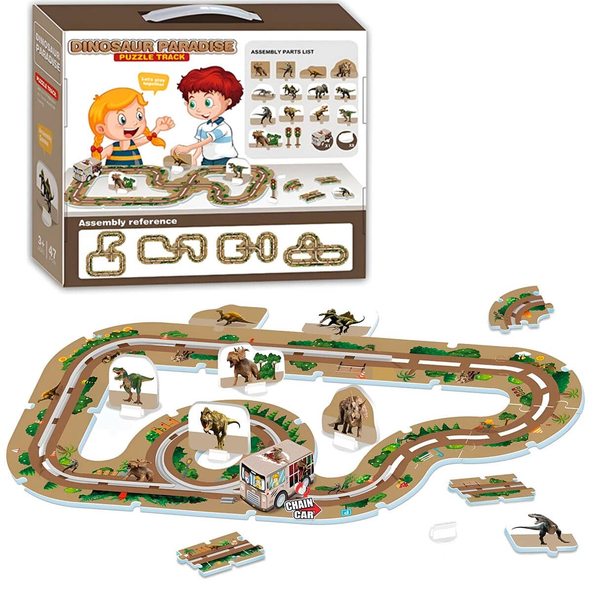 Puzzle Pista De Autos Rompecabezas 47 Pcs + Vehículo - Dinosaurios 