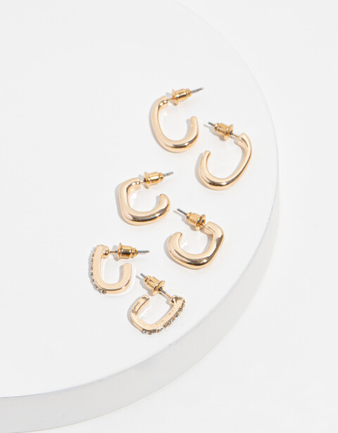 Aros Argollas Set Strass Aros Argollas Set Metal Con Detalle De Strass - Dorado