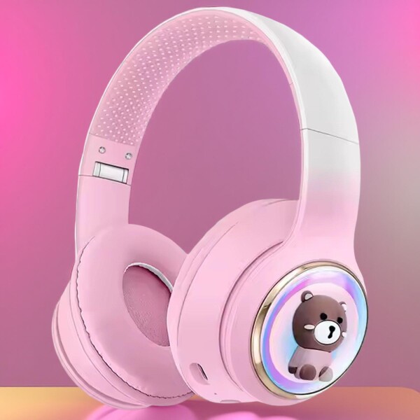 Auriculares Vincha Bluetooth Inalambricos Luces Microfono Variante Diseño Oso Rosa