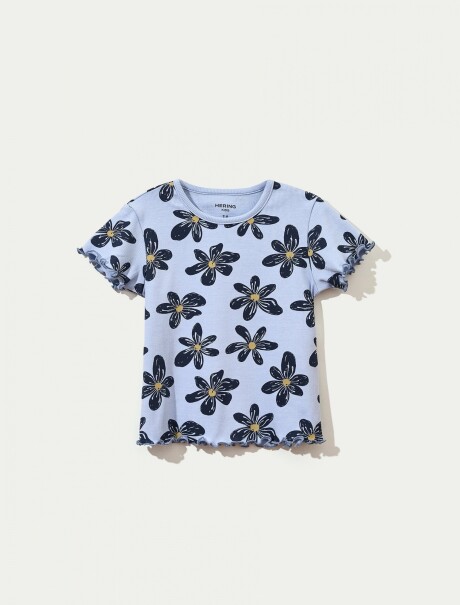 BLUSA CON ESTAMPADO EN TELA ACANALADA AZUL