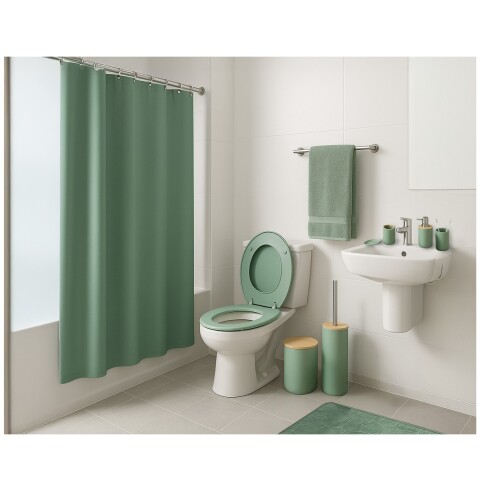 JUEGO KIT COMPLETO DE BAÑO CON CORTINA, TOALLA Y ALFOMBRA VERDE Juego Kit Completo De Baño Con Cortina, Toalla Y Alfombra Verde
