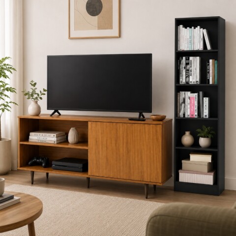 Combo de living Rack de Tv PADUA y Biblioteca Multiusos Anita - Combinado Freijo y Negro Combo de living Rack de Tv PADUA y Biblioteca Multiusos Anita - Combinado Freijo y Negro