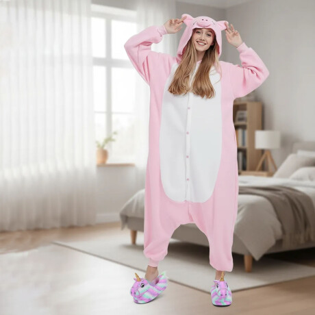 Set Adultos con Pijama Entero Cerdito + Pantuflas Unicornio Rosa