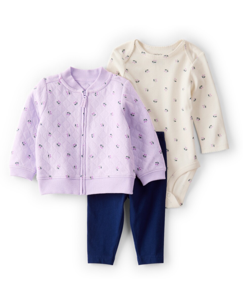 Set tres piezas de algodón, campera capitoneada, pantalón y body, diseño floral 
