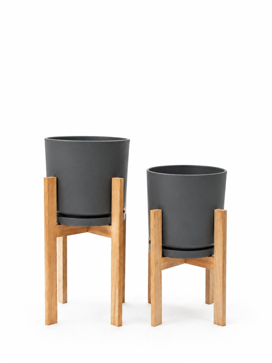 MACETA CERAMICA GRANDE CON SOPORTE ALTO GRIS OSCURO