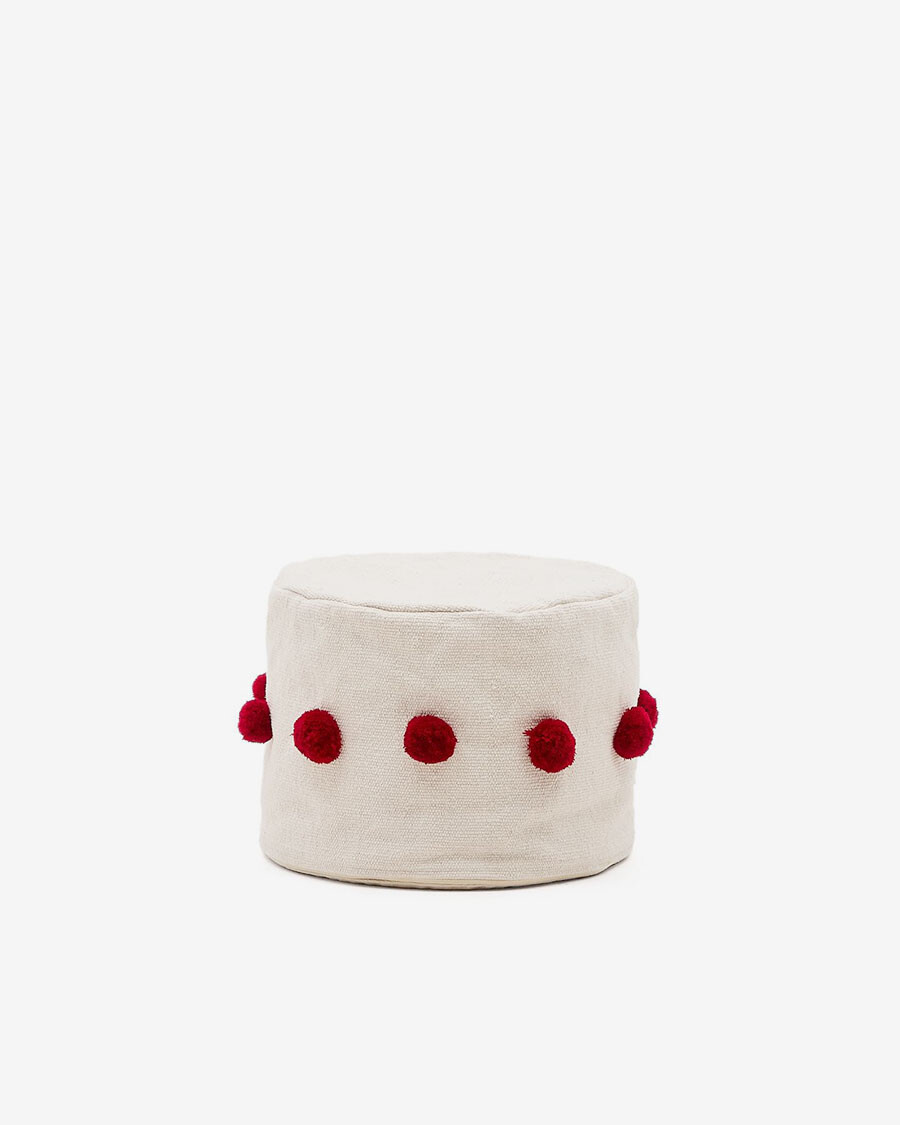 Puf Manua de algodón beige con borlas rojo Ø 40 cm