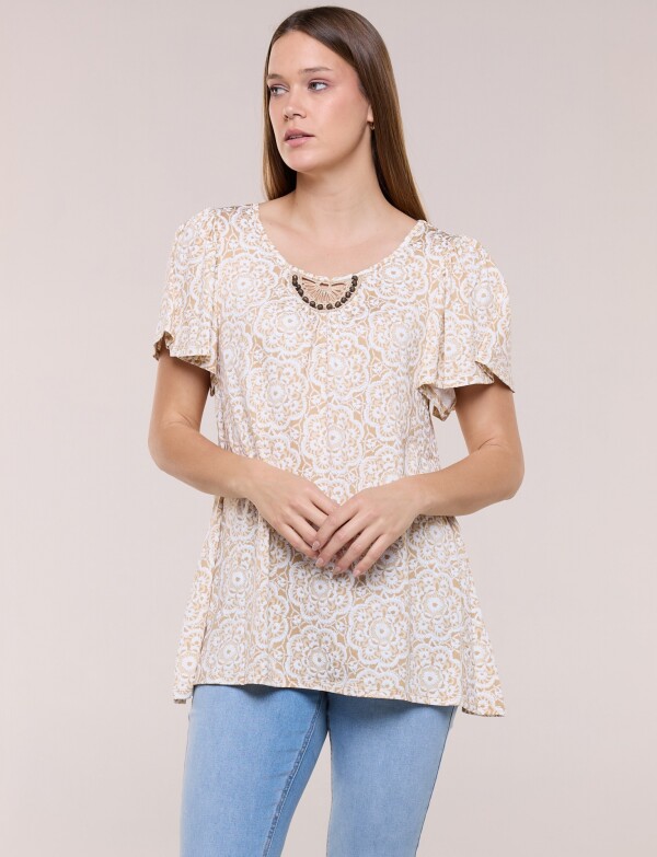 Blusa Mandalas Con Aplique étnico Y Mangas Volado BEIGE/MULTI