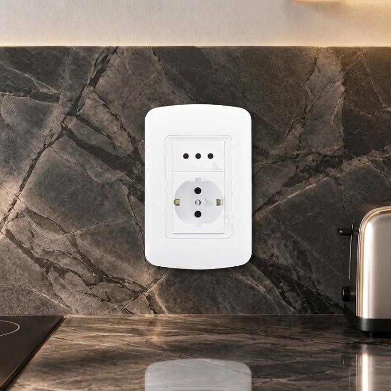 PLAQUETA SCHUKO + TOMA C/SEG BLANCO - ATENEA PLUS Tomacorriente Schuko 2P+T más Toma 2P+T con Seguro Atenea Plus