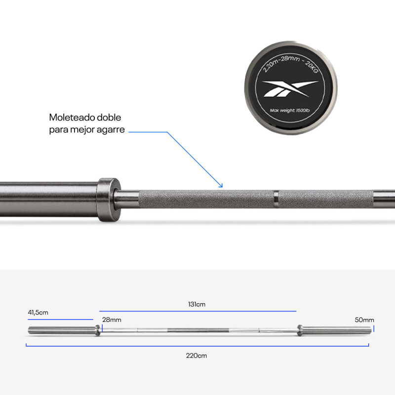 Barra Olímpica De 2,2 M - 1500Lb Plateado