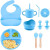 Set Alimentación Bebé Platos Silicona Libre Bpa 10 Piezas Color Celeste