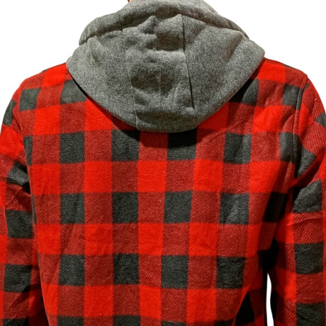 Campera Camisa Leñadora Cangurito Capucha Botones Rojo