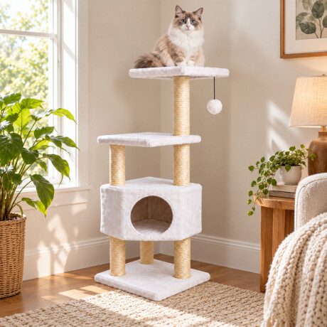 Rascador Para Gatos 4 Niveles 130cm Cueva Y Juguete Blanco