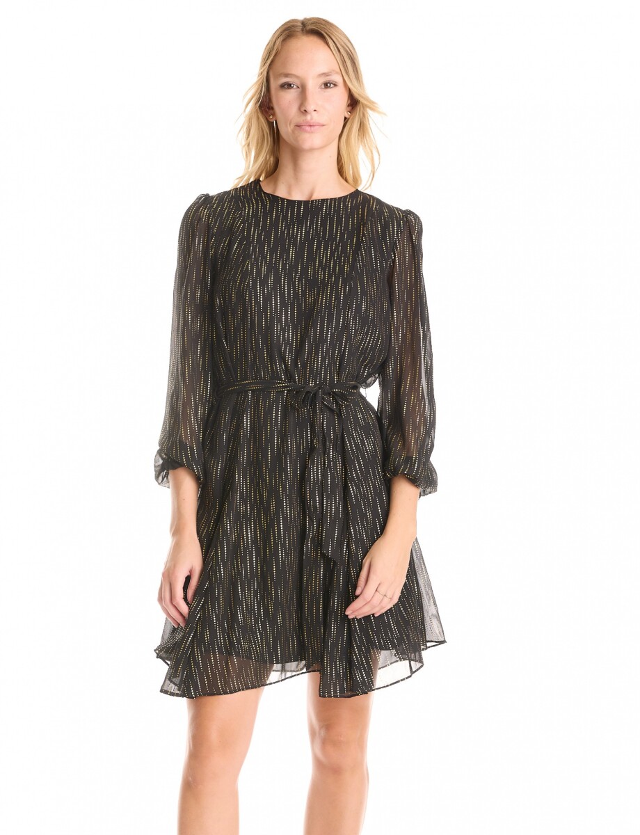 Vestido Gasa & Brillo Metalizado - Negro/dorado 