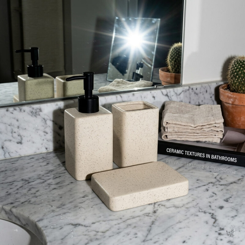 Set accesorios para baño cerámica textura beige Set accesorios para baño cerámica textura beige