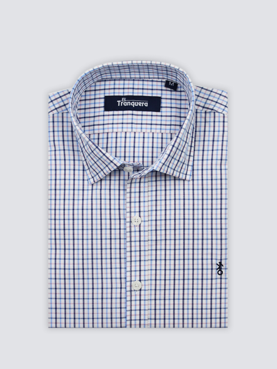 Camisa de Hombre Premium Cuello s/Botones - Cuadros Azul y Rosa 