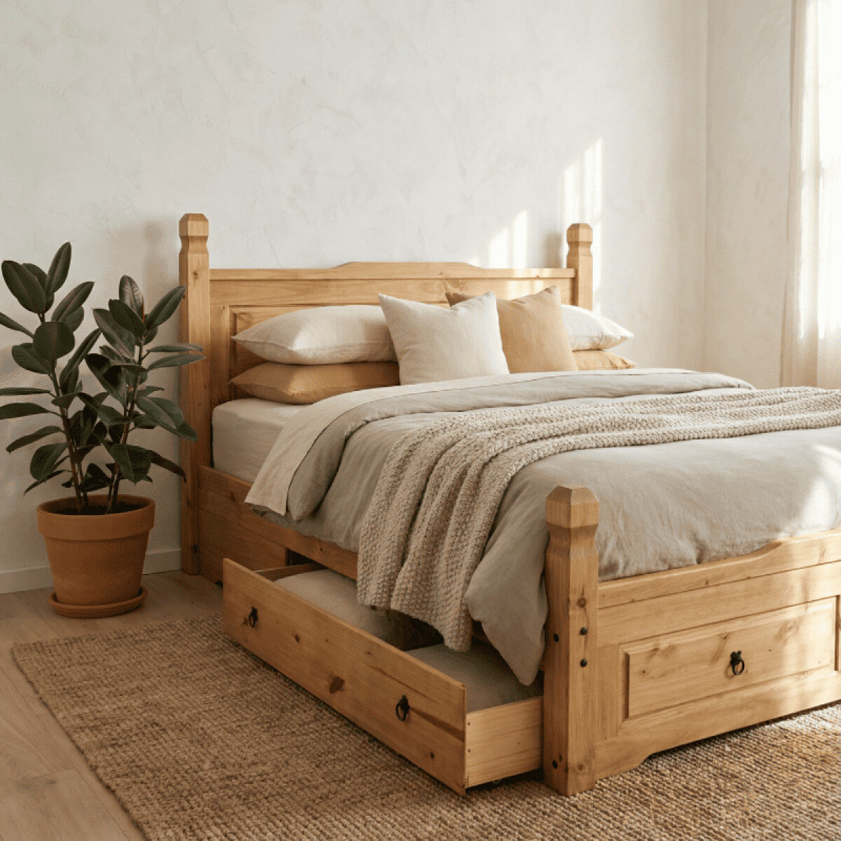 Cama línea mexicana clara con 2 cajones. 