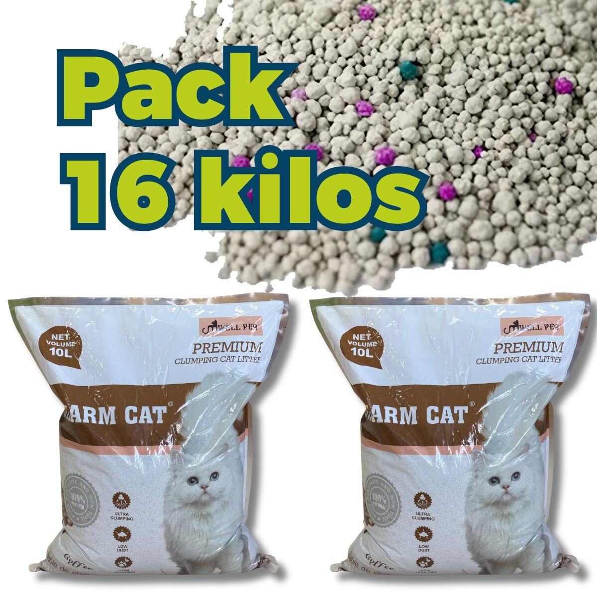ARENA SANITARIA AGLOMERANTE CHARM CAT PREMIUM BAJO POLVO SIN OLORES - PACK 16 KILOS CAFÈ 