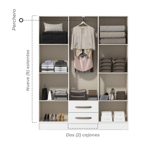 Ropero Armario 6 puertas 2 cajones con estantes y perchero interior natural 172X136X35 - Blanco Ropero Armario 6 puertas 2 cajones con estantes y perchero interior natural 172X136X35 - Blanco