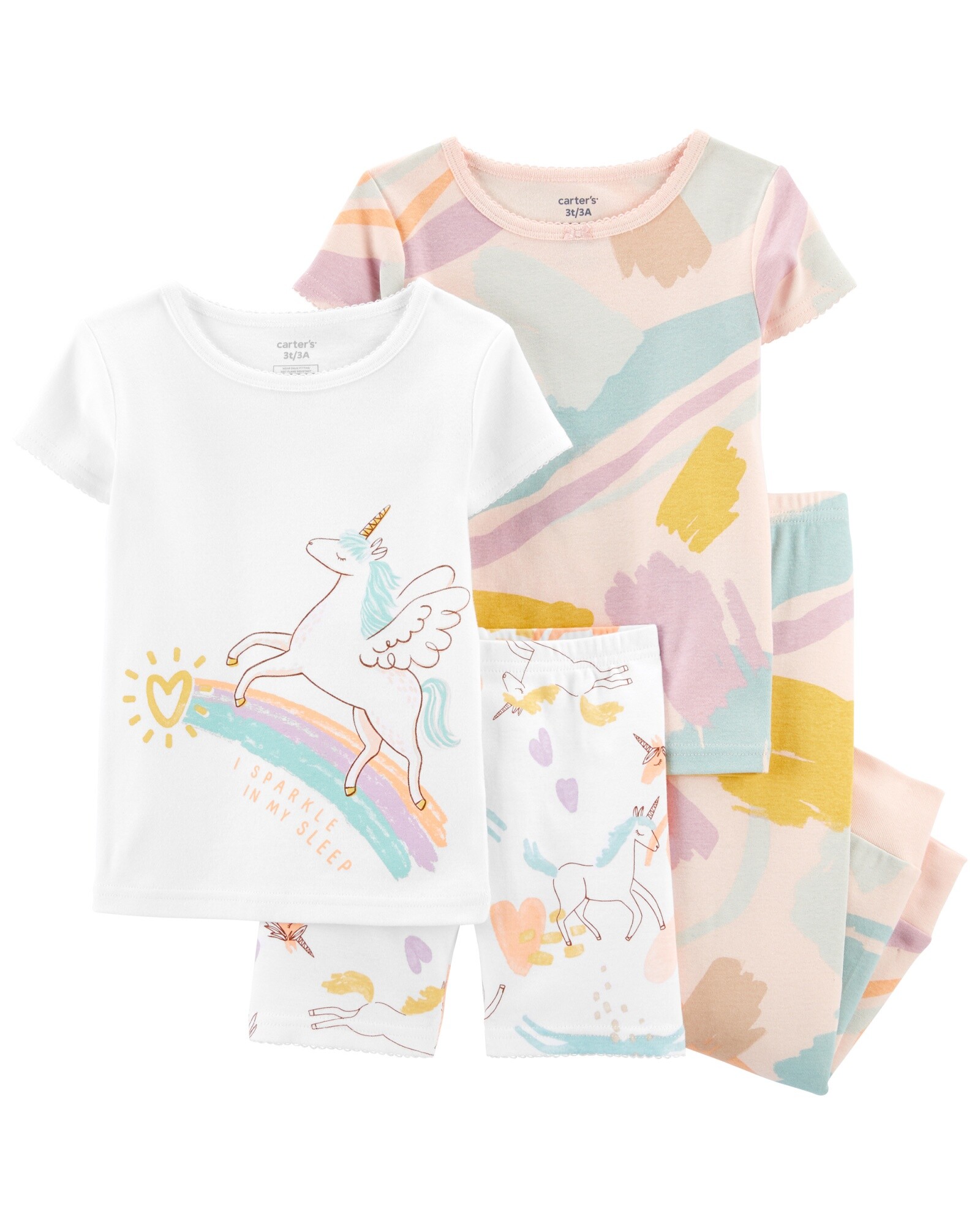 Pijama cuatro piezas de algodón dos remeras, pantalón y short. Talles 12-24M Sin color