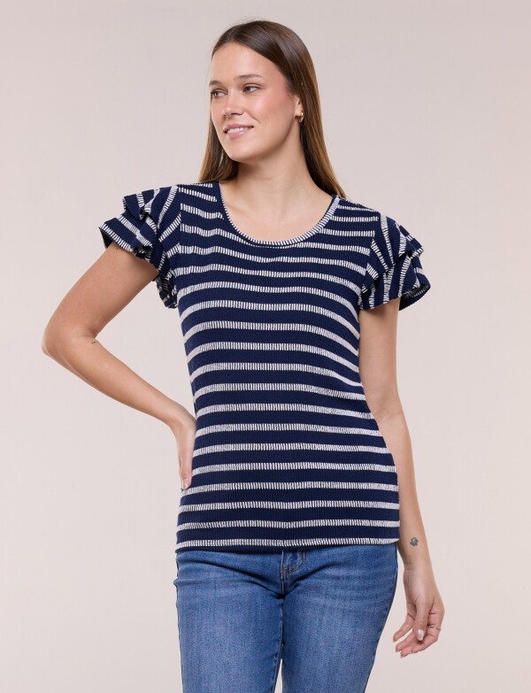 Remera Lineas Con Volantes En Mangas AZUL/BLANCO